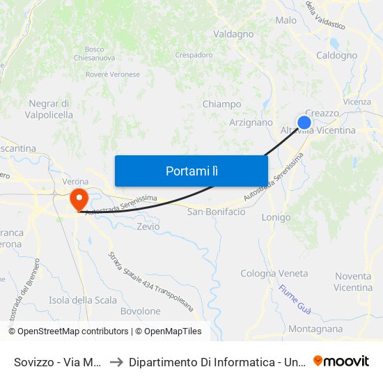 Sovizzo - Via Manzoni, 25 to Dipartimento Di Informatica - Università Di Verona map