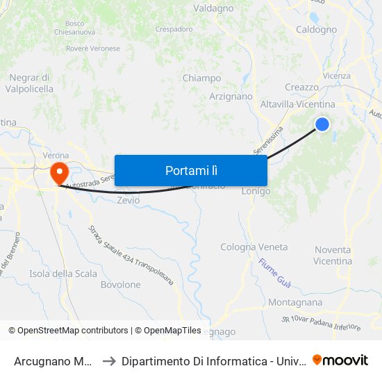 Arcugnano Madonette to Dipartimento Di Informatica - Università Di Verona map