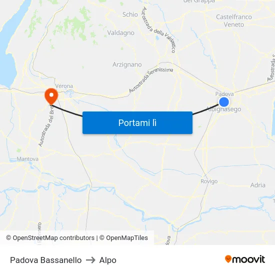 Padova Bassanello to Alpo map