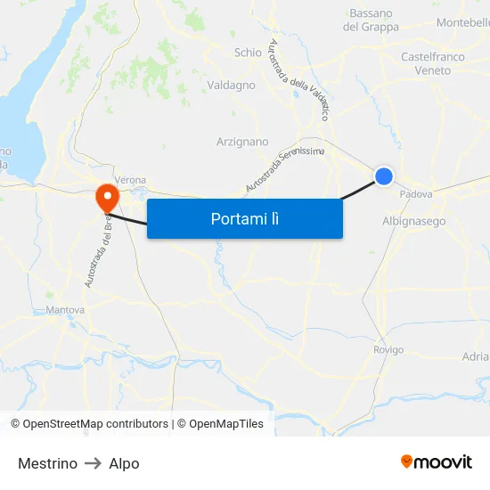 Mestrino to Alpo map