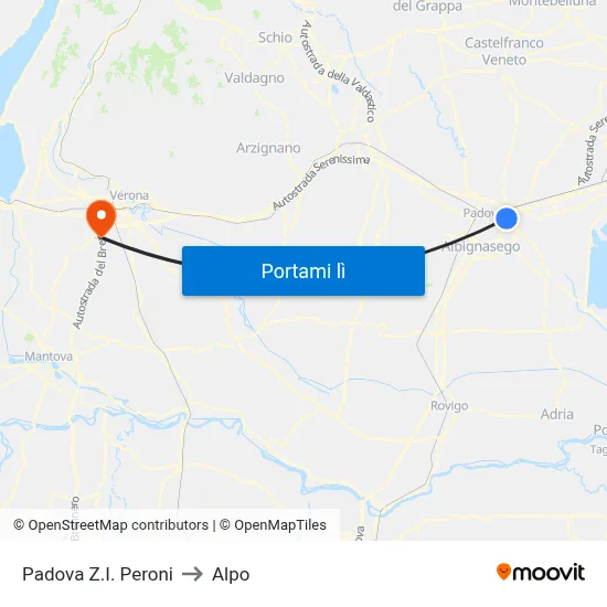 Padova Z.I. Peroni to Alpo map