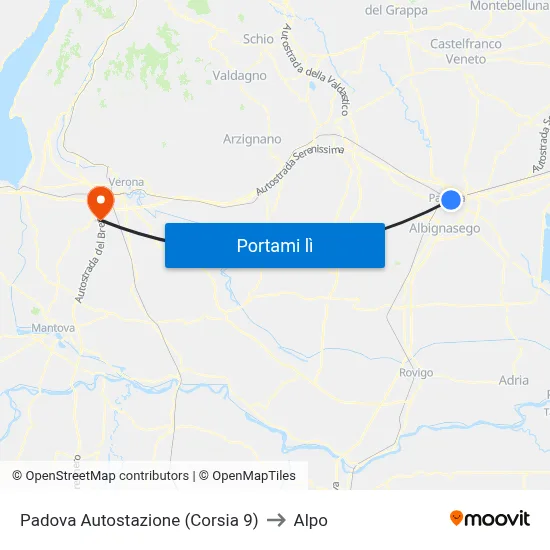 Padova Autostazione (Corsia 9) to Alpo map