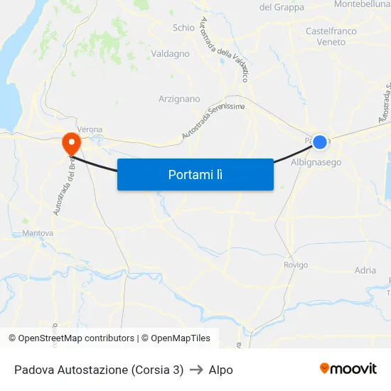 Padova Autostazione (Corsia 3) to Alpo map