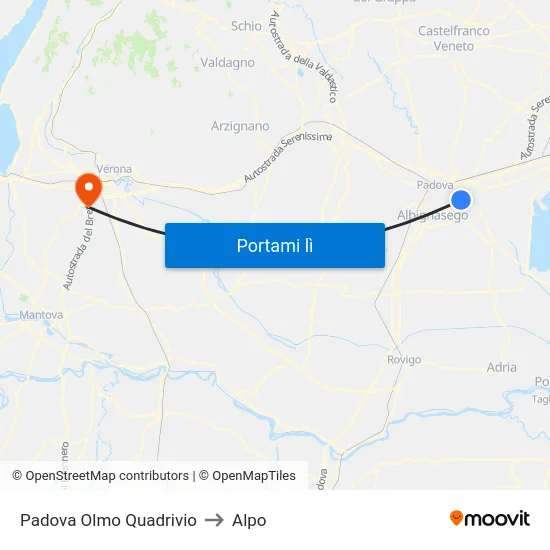 Padova Olmo Quadrivio to Alpo map