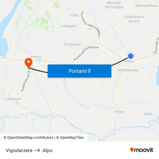 Vigodarzere to Alpo map