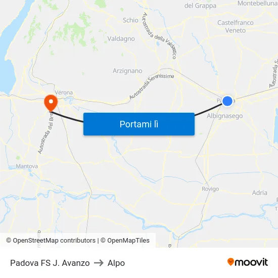 Padova FS J. Avanzo to Alpo map