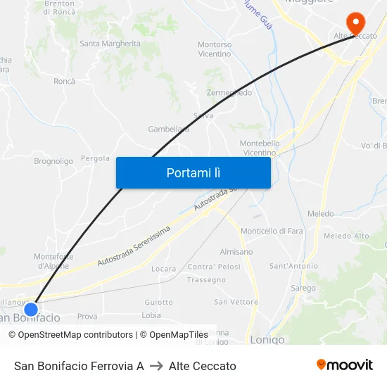 San Bonifacio Ferrovia A to Alte Ceccato map