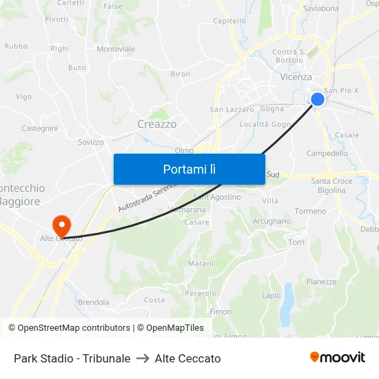 Park Stadio - Tribunale to Alte Ceccato map