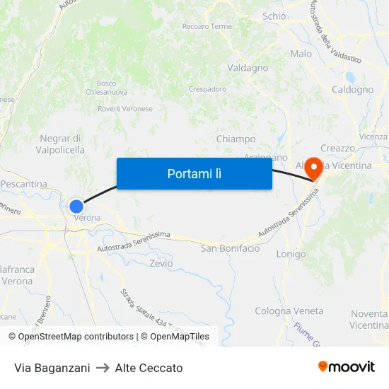 Via Baganzani to Alte Ceccato map