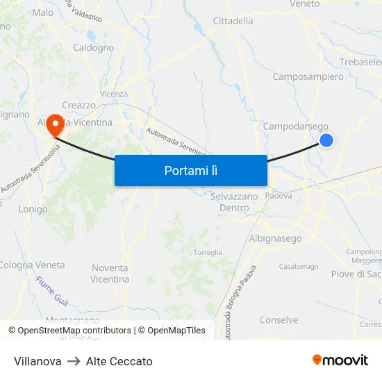 Villanova to Alte Ceccato map