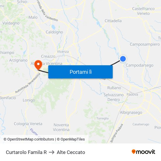 Curtarolo Famila R to Alte Ceccato map
