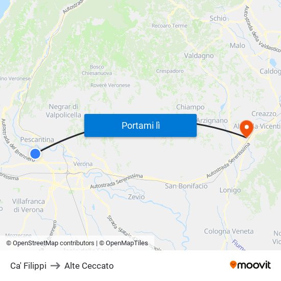 Ca' Filippi to Alte Ceccato map
