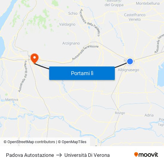 Padova Autostazione to Università Di Verona map