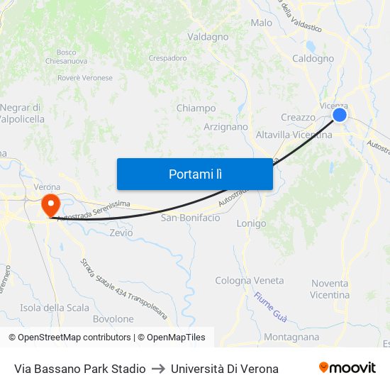 Via Bassano Park Stadio to Università Di Verona map