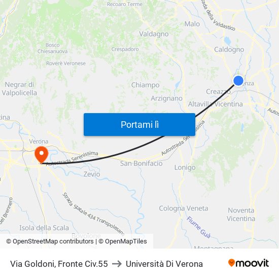 Via Goldoni, Fronte Civ.55 to Università Di Verona map