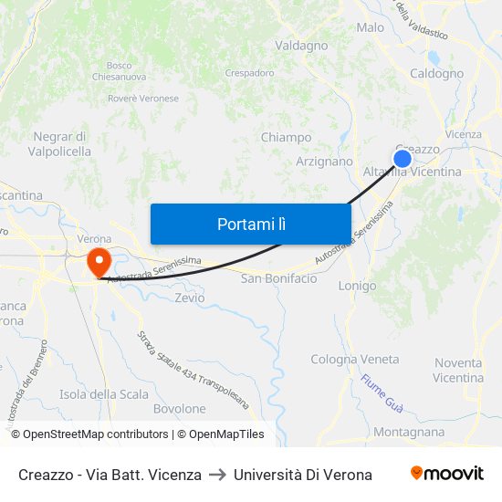 Creazzo - Via Batt. Vicenza to Università Di Verona map