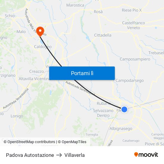 Padova Autostazione to Villaverla map