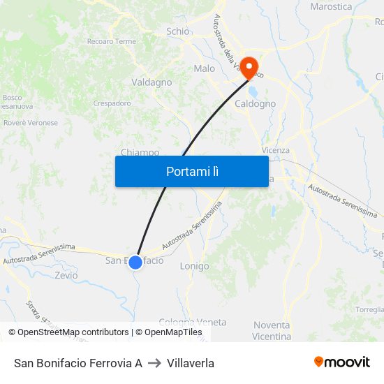 San Bonifacio Ferrovia A to Villaverla map