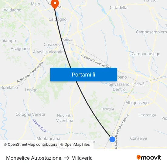Monselice Autostazione to Villaverla map