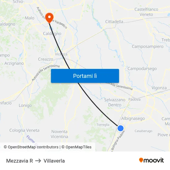 Mezzavia R to Villaverla map