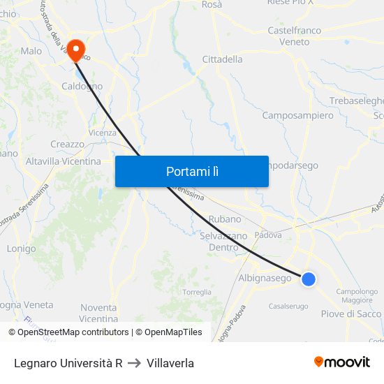 Legnaro Università R to Villaverla map