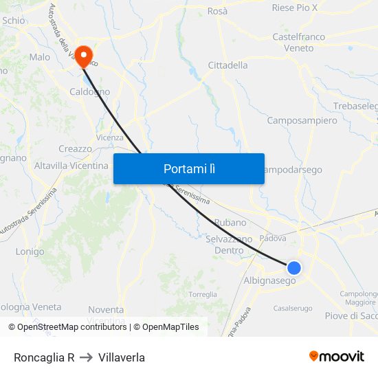 Roncaglia R to Villaverla map