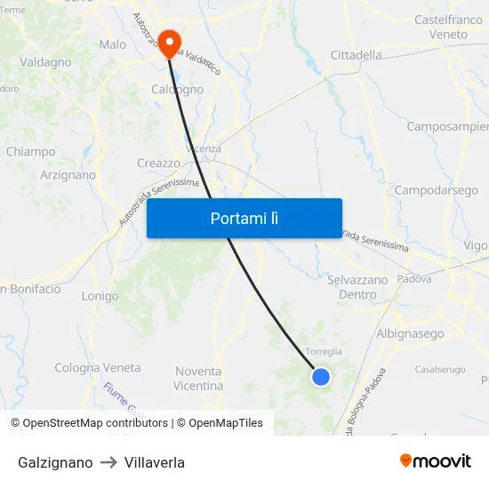 Galzignano to Villaverla map