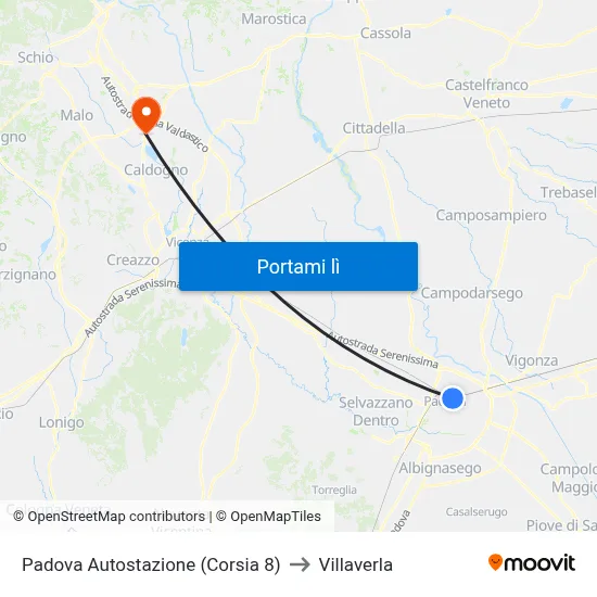 Padova Autostazione (Corsia 8) to Villaverla map