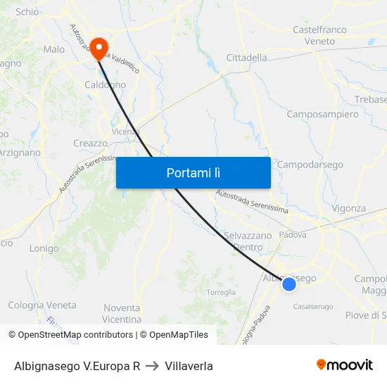 Albignasego V.Europa R to Villaverla map