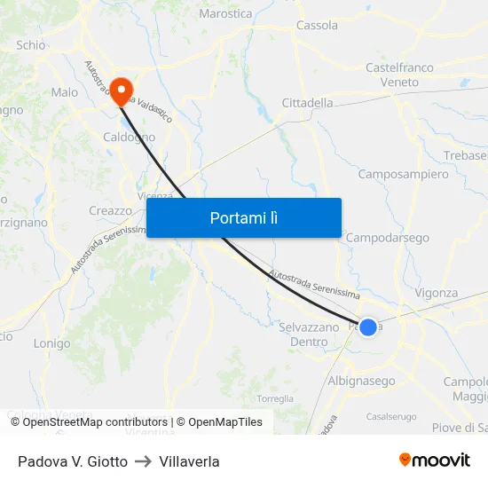 Padova V. Giotto to Villaverla map