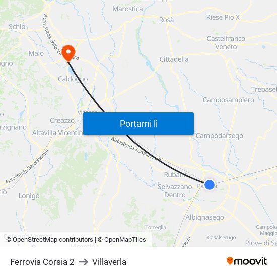 Ferrovia Corsia 2 to Villaverla map