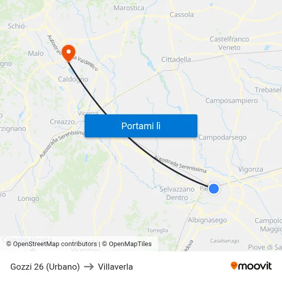 Gozzi 26 (Urbano) to Villaverla map