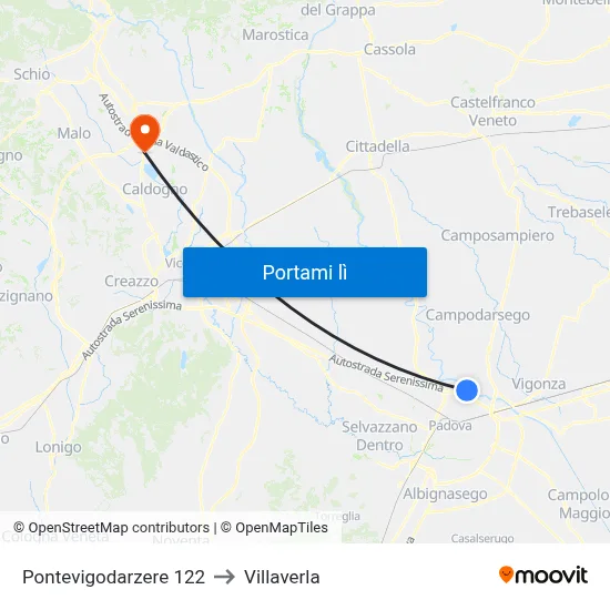 Pontevigodarzere 122 to Villaverla map