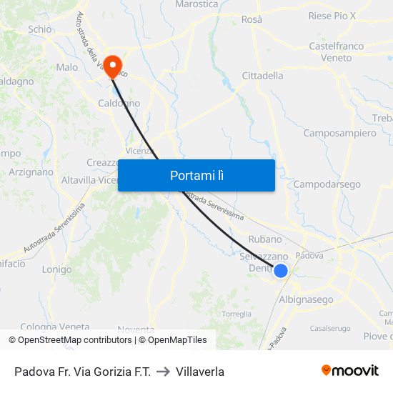 Padova Fr. Via Gorizia F.T. to Villaverla map