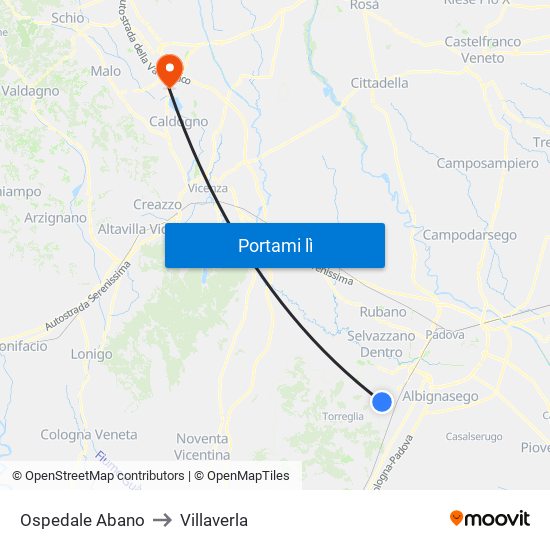 Ospedale Abano to Villaverla map