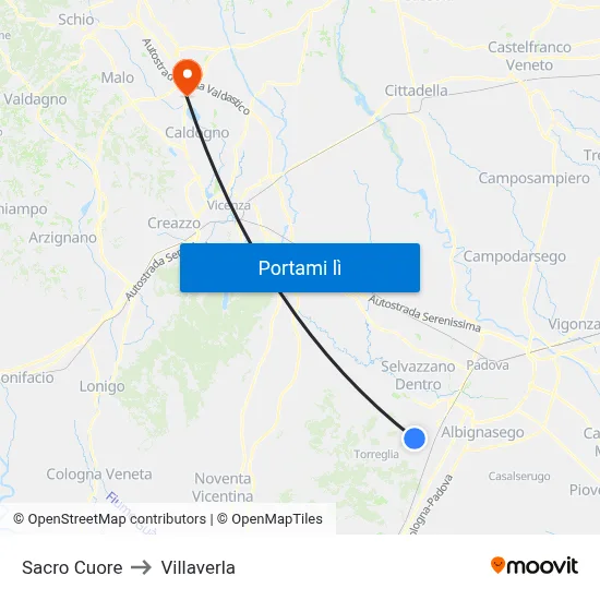 Sacro Cuore to Villaverla map