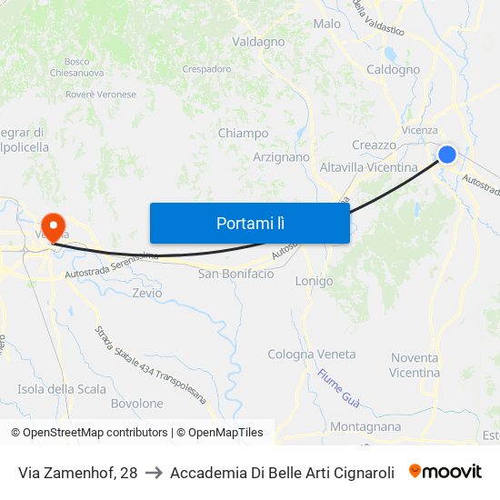 Via Zamenhof, 28 to Accademia Di Belle Arti Cignaroli map