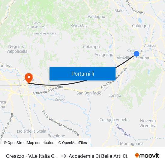Creazzo - V.Le Italia Centro to Accademia Di Belle Arti Cignaroli map