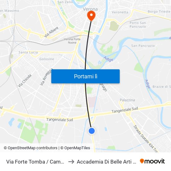 Via Forte Tomba / Campeggio A to Accademia Di Belle Arti Cignaroli map