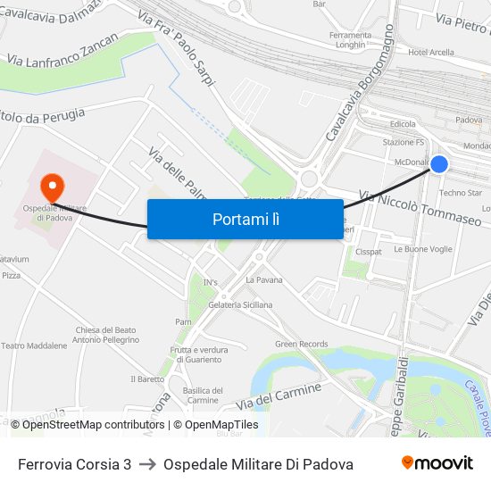 Ferrovia Corsia 3 to Ospedale Militare Di Padova map