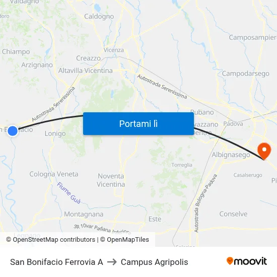San Bonifacio Ferrovia A to Campus Agripolis map