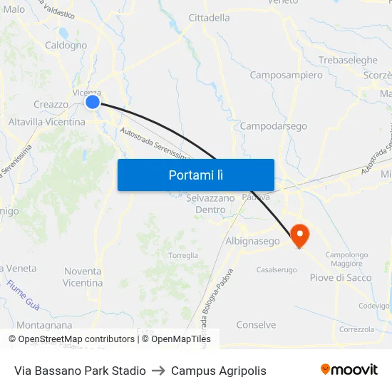 Via Bassano Park Stadio to Campus Agripolis map