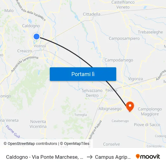Caldogno - Via Ponte Marchese, 152 to Campus Agripolis map