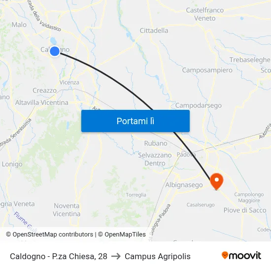 Caldogno - P.za Chiesa, 28 to Campus Agripolis map