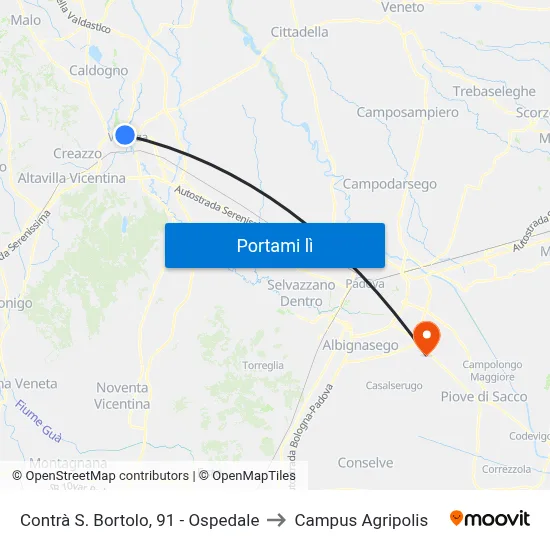 Contrà S. Bortolo, 91 - Ospedale to Campus Agripolis map