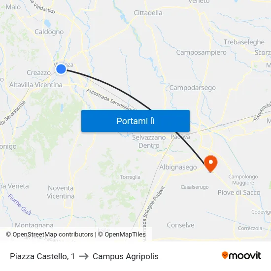 Piazza Castello, 1 to Campus Agripolis map