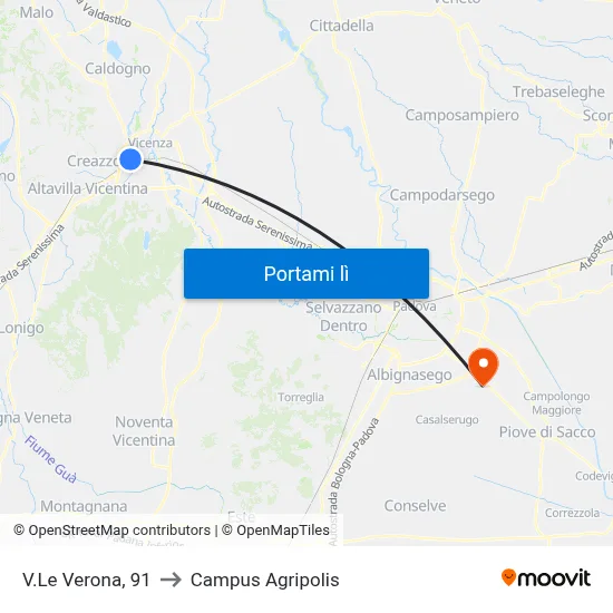 V.Le Verona, 91 to Campus Agripolis map