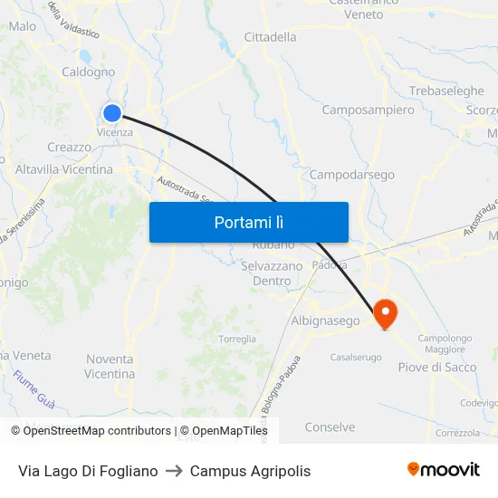 Via Lago Di Fogliano to Campus Agripolis map