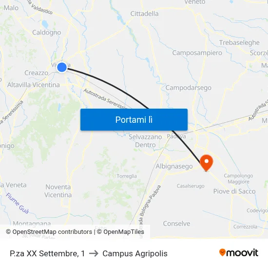 P.za XX Settembre, 1 to Campus Agripolis map