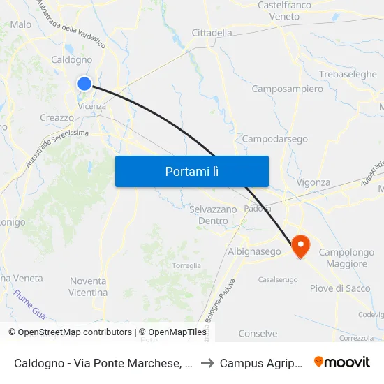 Caldogno - Via Ponte Marchese, 116 to Campus Agripolis map
